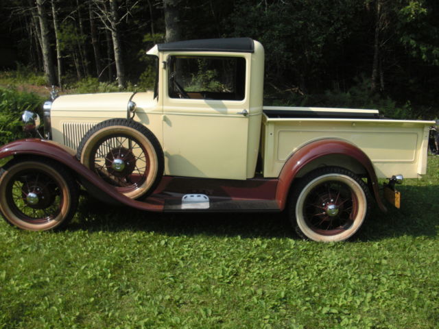 1931 dark brown fenders, tan body Ford Model A widebed pickup