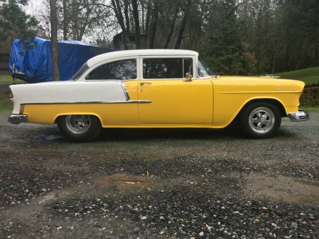 1955 Yellow and White Chevrolet 150 Post Coupe
