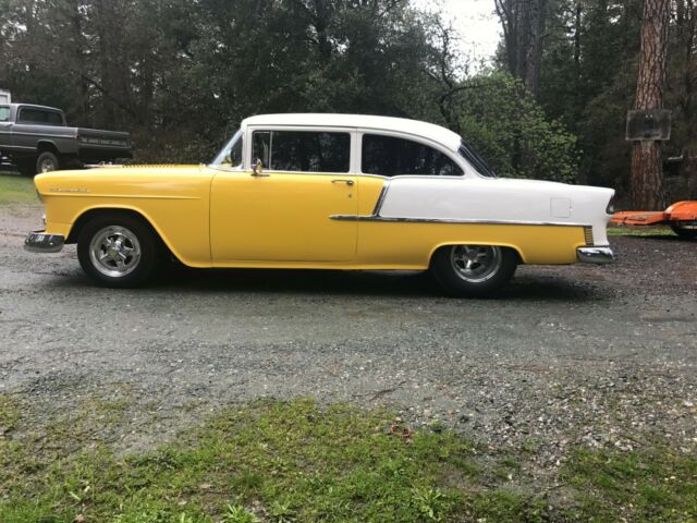 1955 Yellow and White Chevrolet 150 Post Coupe