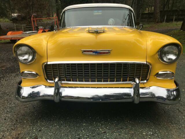 1955 Yellow and White Chevrolet 150 Post Coupe