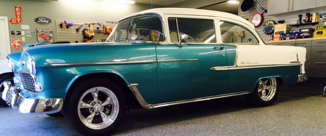 1955 Two Tone Blue and White Chevrolet Bel Air/150/210 Sedan