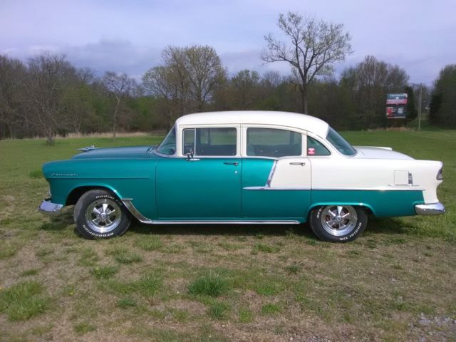 1955 Teal and White Chevrolet Bel Air/150/210 Sedan