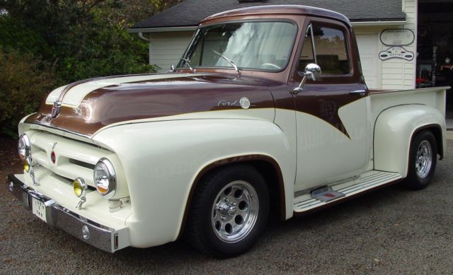 1955 cream/brown Ford F-100 shortbed