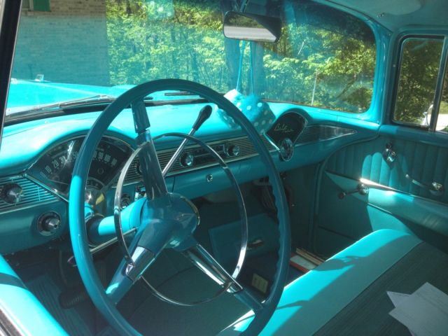 1956 blue and white Chevrolet Bel Air/150/210 4 Door
