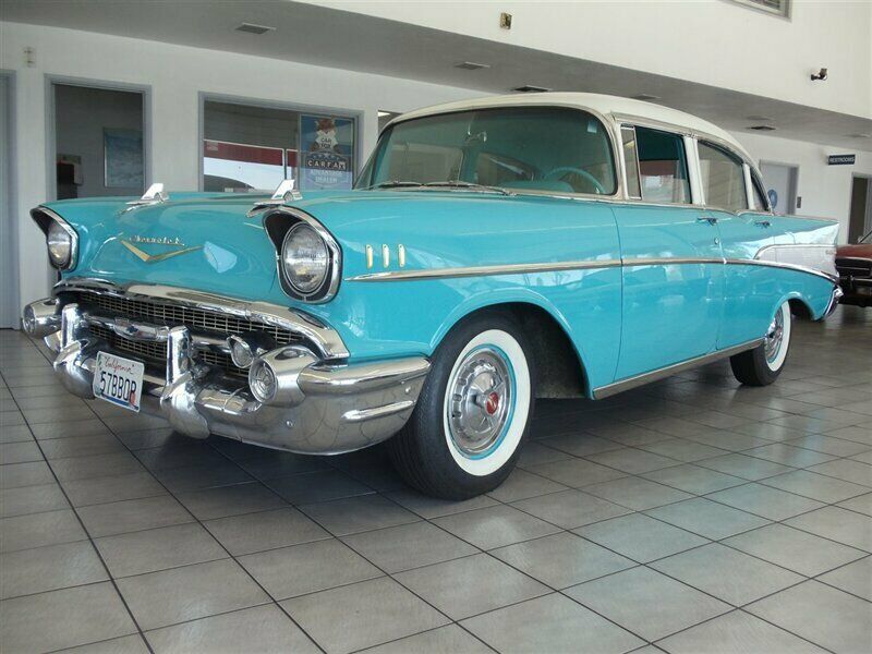 1957 Turquoise and White Chevrolet Bel Air/150/210 Sedan