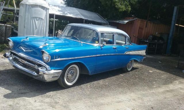 1957 Blue and silver Chevrolet Bel Air/150/210 sedan