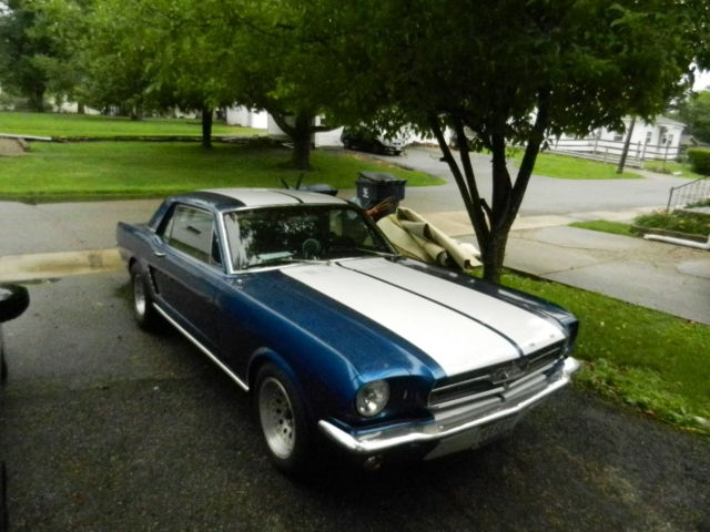 1965 blue w/white racing stripes Ford Mustang 2 door