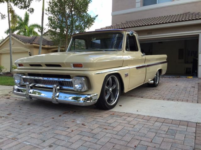 1966 beige and crimson Chevrolet C-10 fleetside long bed