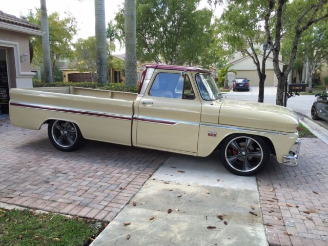1966 beige and crimson Chevrolet C-10 fleetside long bed