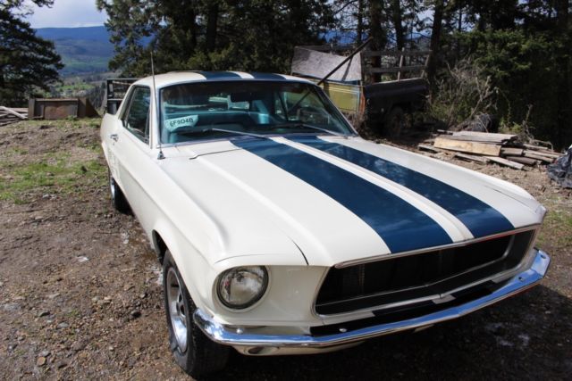 1967 blue on white Ford Mustang Coupe