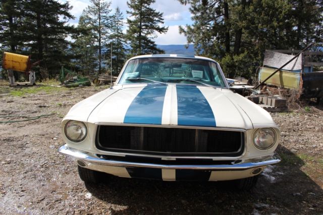 1967 blue on white Ford Mustang Coupe