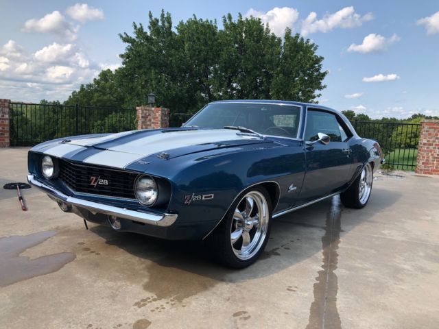 1969 Z28 Blue with Cadillac Pearl White Rally Stripes Chevrolet Camaro Coupe