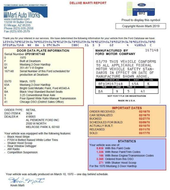 1970 Gold Ford Mustang 1 Owner, 59k, 4spd, 351-4