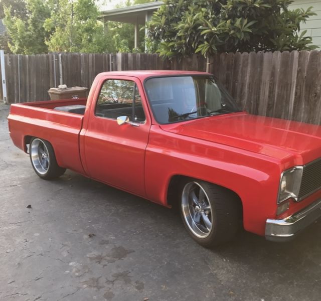 1973 --red Chevrolet C-10 --short bed