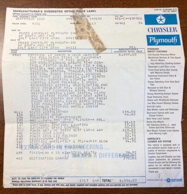 1973 Yellow Chrysler Imperial 4 door