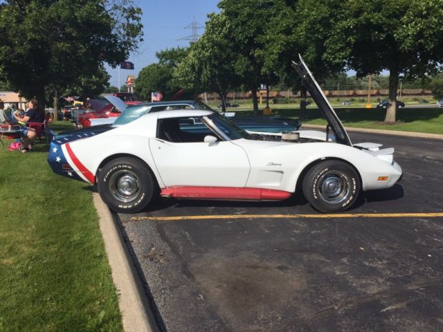 1975 White with red and blue stripes. White stars on blue. Chevrolet Corvette Coupe