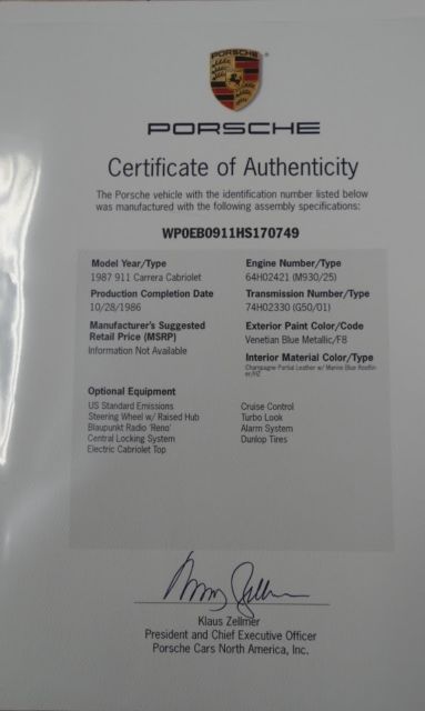 1987 Blue Porsche 911 Convertible