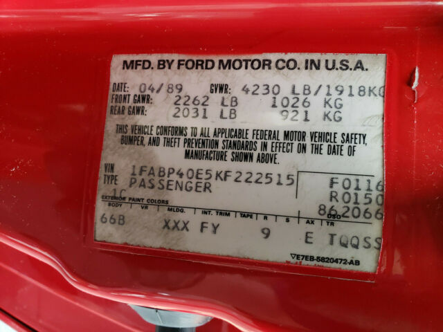 1989 Red Ford Mustang Convertible