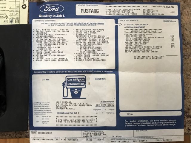 1989 White Ford Mustang Hatchback