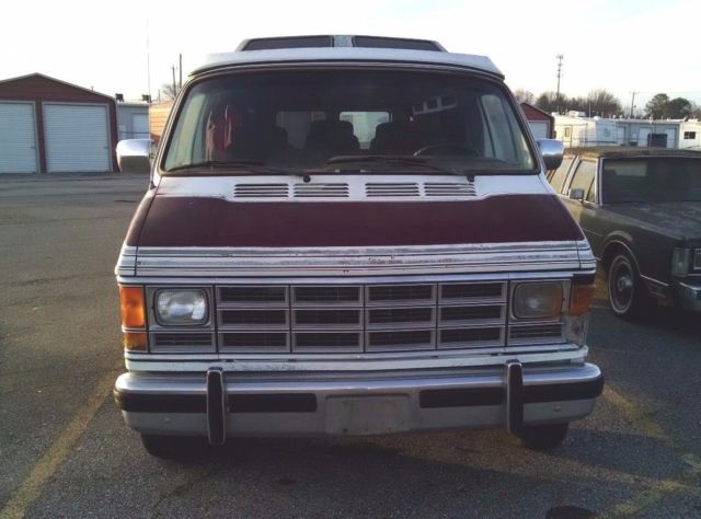1990 Burgundy and White Dodge Ram 2500 Custom Passenger Van