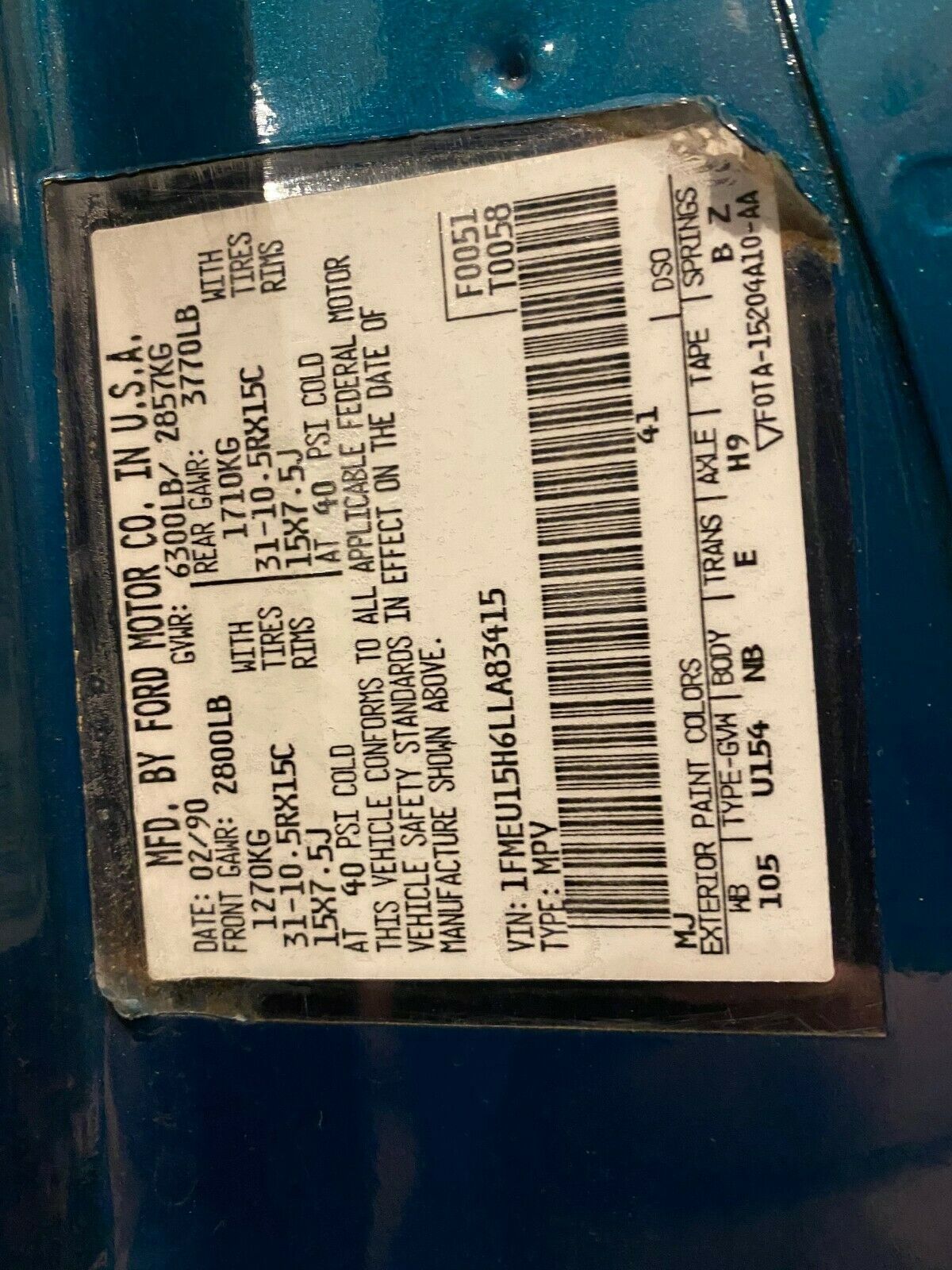 1990 Green Ford Bronco SUV