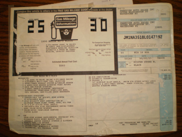 1990 Silver Stone Metallic Mazda MX-5 Miata Convertible