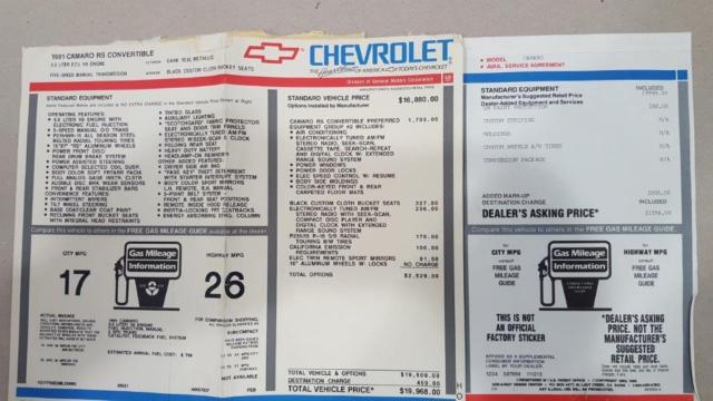 1991 Dark Teal Metallic Chevrolet Camaro Convertible