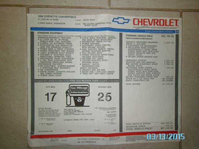 1992 White Chevrolet Corvette Convertible