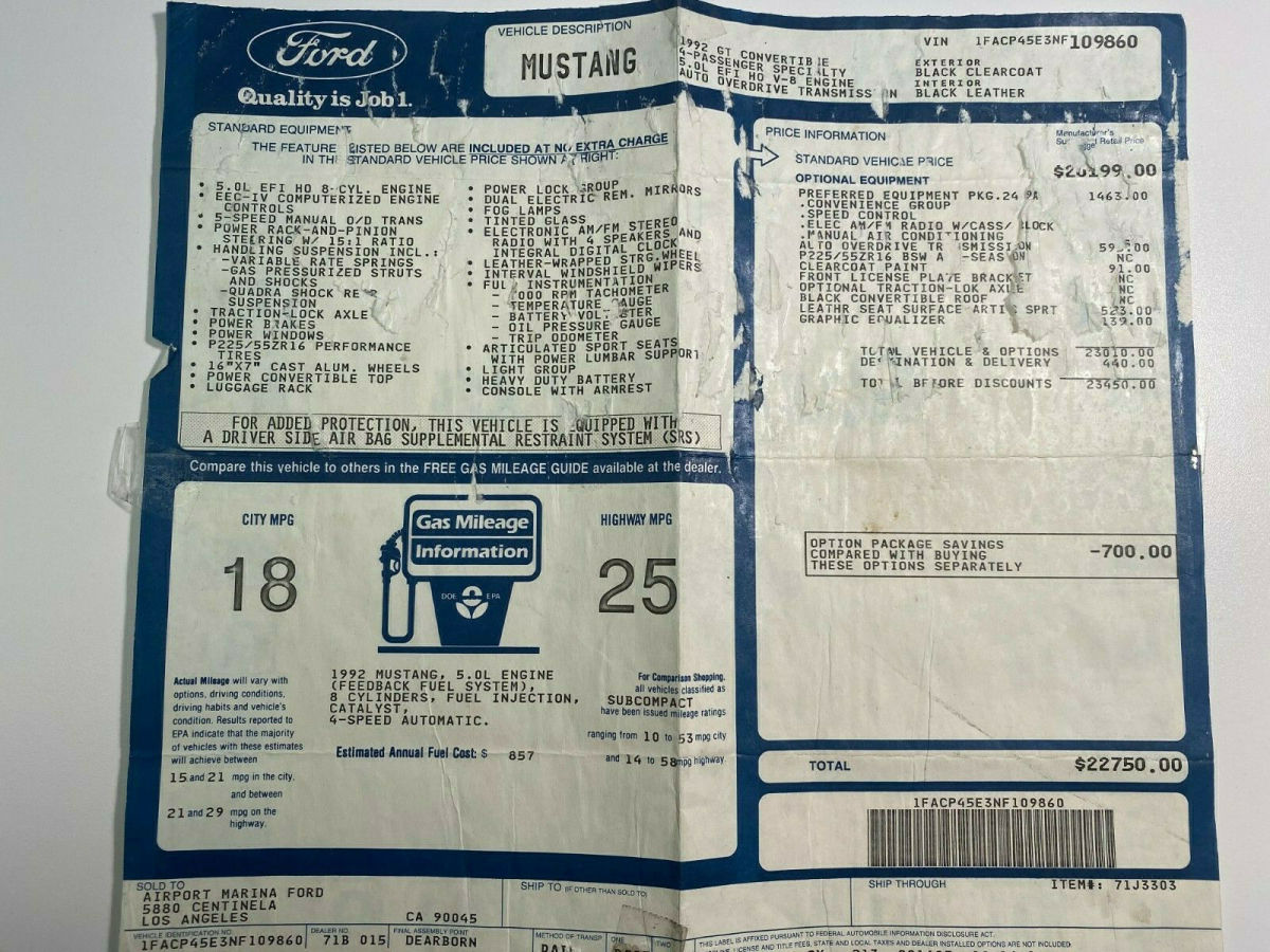 1992 Black Ford Mustang Convertible