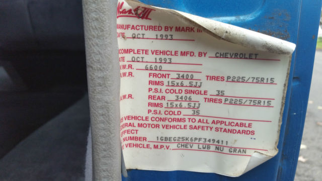 1993 Blue Chevrolet G20 Van Van Camper