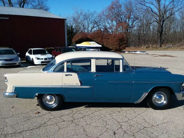 1955 Blue and creme Chevrolet Bel Air/150/210 Sedan