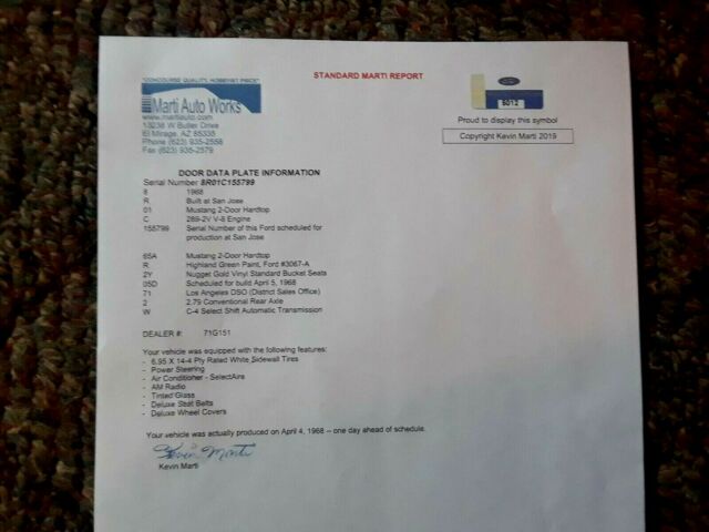 1968 Highland Green Ford Mustang 2 door coupe