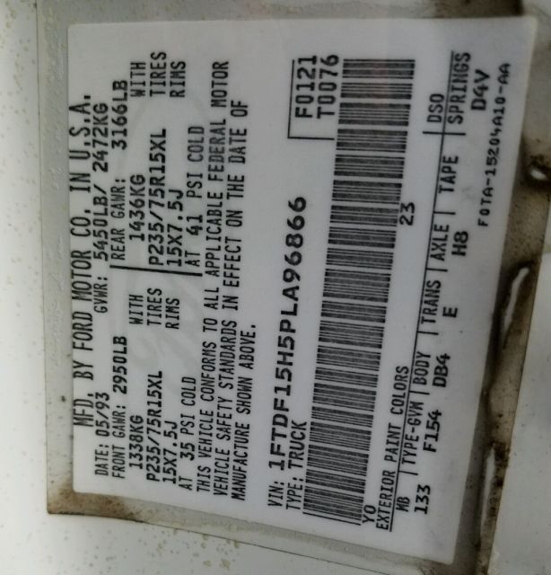 1993 White Ford F-150 Standard Cab Pickup