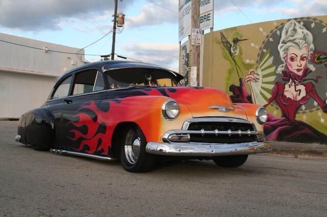 1951 Red & Yellow Flames on black Chevrolet Styleline Deluxe Coupe