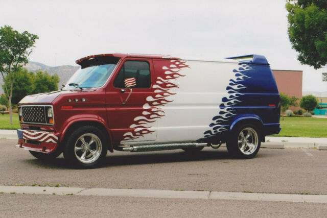 1987 Red, White, Blue Ford E-Series Van Extended Passenger Van