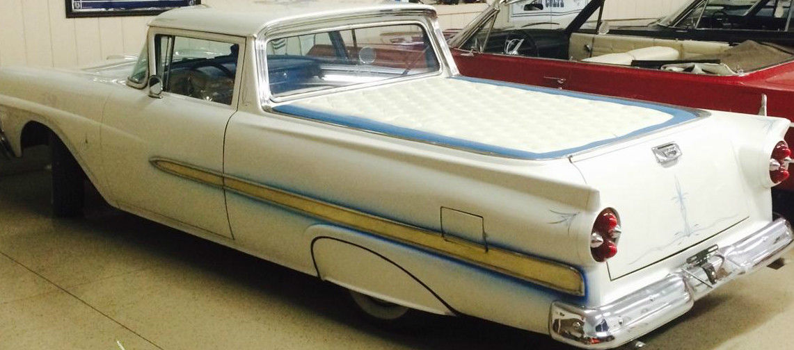 1958 pearl white and blue Ford Ranchero