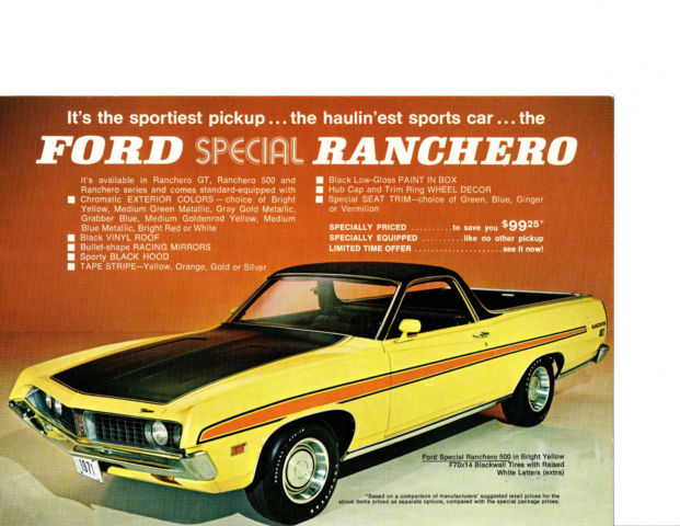 1971 medium goldenrod yellow Ford Ranchero truck car el camino ranchero