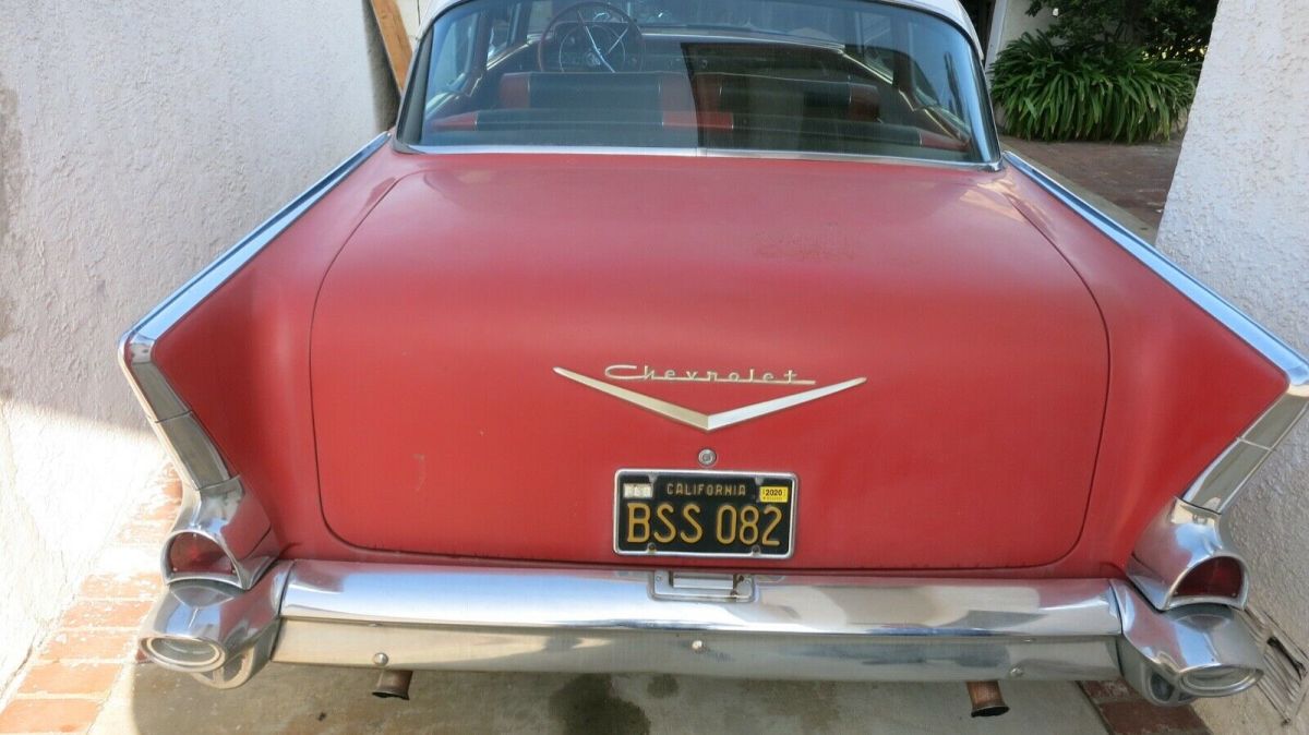 1957 Red and White Chevrolet Bel Air/150/210 Coupe