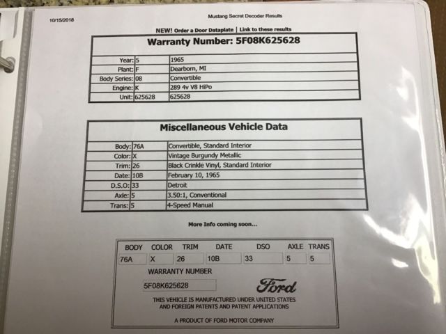 1965 Vintage Burgundy Ford Mustang Convertible