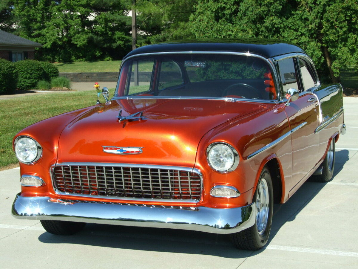1955 Candy Tangerine over Solar Gold Chevrolet Bel Air/150/210 2 Dr. Sedan