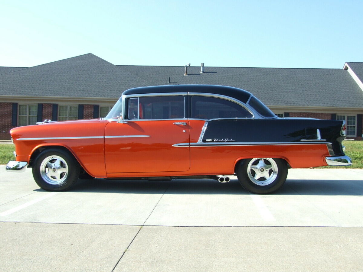 1955 Candy Tangerine over Solar Gold Chevrolet Bel Air/150/210 2 Dr. Sedan