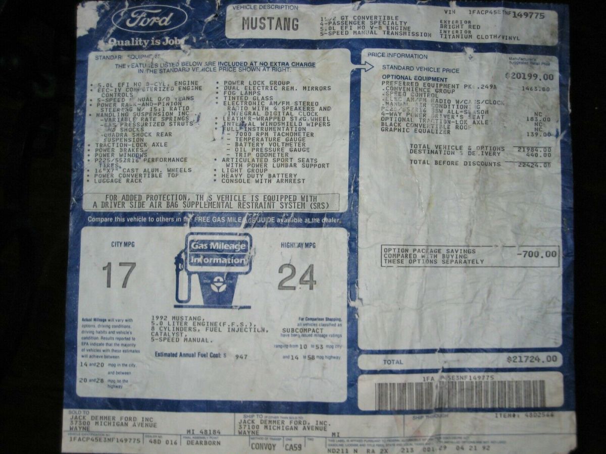 1992 Red Ford Mustang Convertible